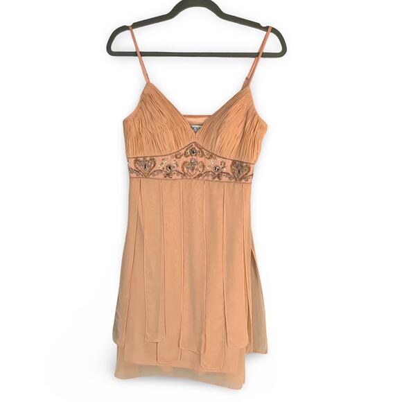 Sue Wong Studios W Beaded Chiffon Empire Waist Cocktail Dress Peach Size 4 - Picture 1 of 12